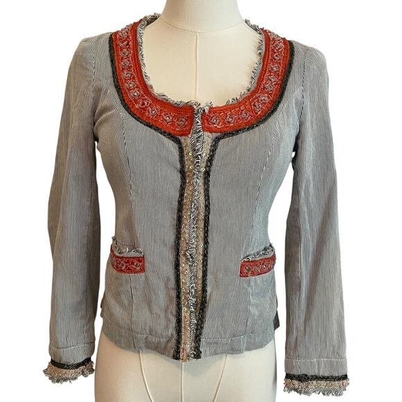 Free People Boho Jacket Womens Size 0 Pinstripe Beaded Embellished Lightweight - Picture 1 of 11